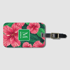 Tropical Hawaii Hibiscus Handflatan Lövs Monogram Bagagebricka