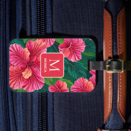 Tropical Hawaii Hibiscus Handflatan Lövs Red Monog Bagagebricka