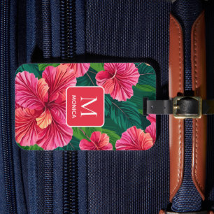 Tropical Hawaii Hibiscus Handflatan Lövs Red Monog Bagagebricka