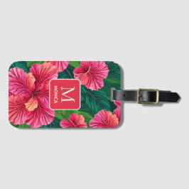 Tropical Hawaii Hibiscus Handflatan Lövs Red Monog Bagagebricka