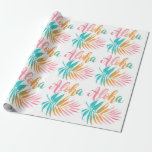 Tropical Hawaiian Aloha Handflatan Löv Presentpapper<br><div class="desc">Tropiskt,  hawaiiskt tema som omfattar pappra inslag mönster i handflatan löv och Aloha i sommarskuggor av orange,  akvarier och rosa. Perfekt för helgdagar av strand,  hawaiiska och kustnära teman,  födelsedagar,  bröllop osv. Originalteckningen KL Lagrar.</div>
