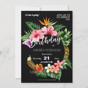 Tropical Hawaiian Blommigt Födelsedagsfest - Black Inbjudningar