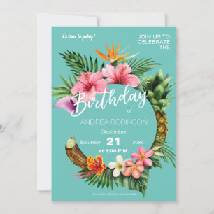 Tropical Hawaiian Blommigt Födelsedagsfest Teal Bl Inbjudningar