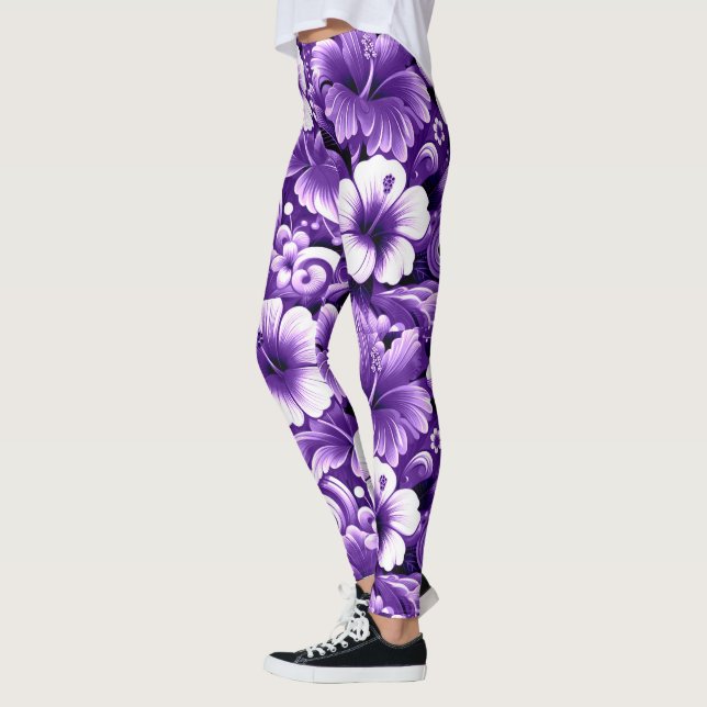 Tropical Hawaiian Flowers Hibiscus Lila White Leggings (Vänster)