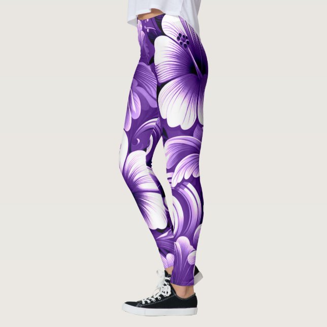 Tropical Hawaiian Flowers Hibiscus Lila White Leggings (Vänster)