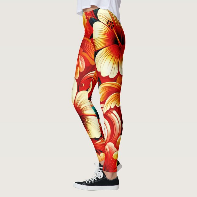 Tropical Hawaiian Flowers Hibiscus Orange Gult Leggings (Vänster)