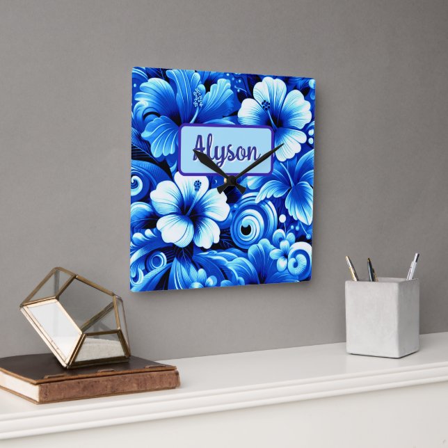 Tropical Hawaiian Flowers Hibiscus Personalized Fyrkantig Klocka (Kontor)