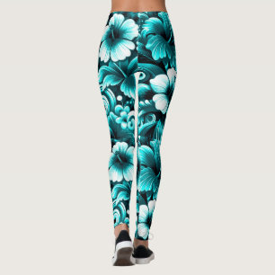 Tropical Hawaiian Flowers Hibiscus Teal Blue Grönt Leggings
