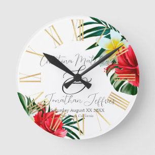 Tropical Hawaiian Flowers on Elegant White Rund Klocka