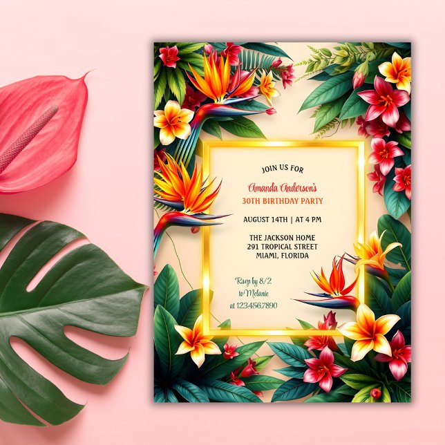 Tropical Hawaiian Hibiscus Flowers Födelsedagsfest Inbjudningar (Tropical Hawaiian Birthday Party Invitation with Hibiscus Flowers and Palm Leaves)