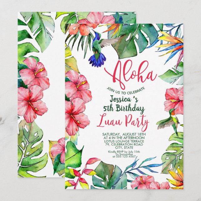 Tropical Hawaiian Luau Blommigt Birthday Inbjudningar (Fram/baksida)