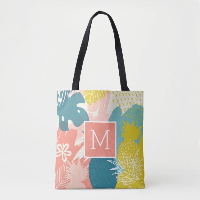 Tropical Hawaiian Pineapple Monogram Tote Bag Tygkasse (Framsida)