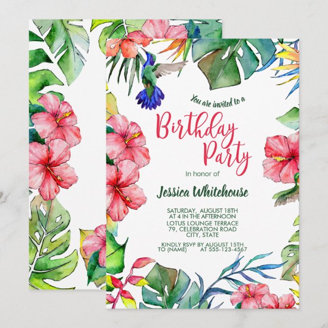 Tropical Hawaiian Watercolor Blommigt Birthday Inbjudningar (Fram/baksida)