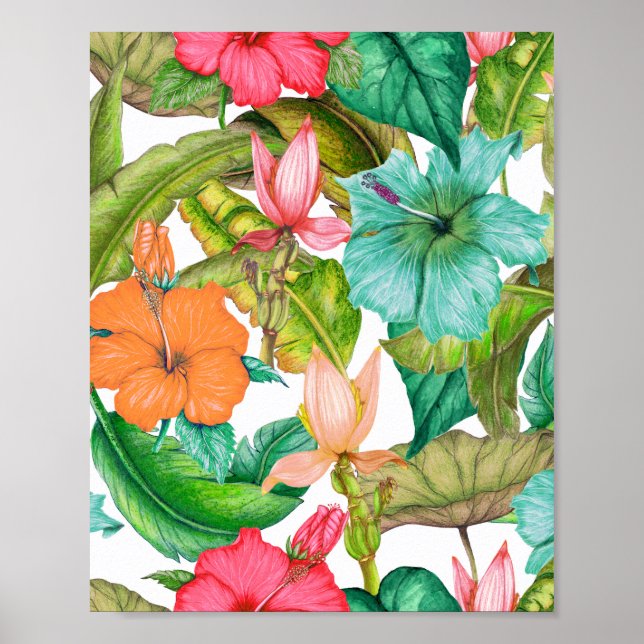 Tropical Hawaiian Watercolor Hibiscus Blommigt Poster (Framsidan)
