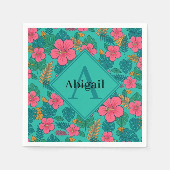 Tropical Hibiscus and Palm Leaf Pattern  Pappersservett (Framsidan)