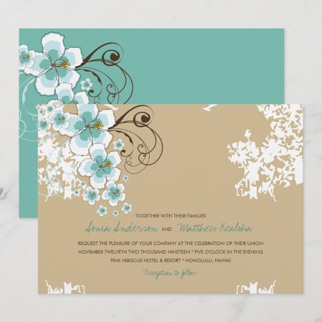 Tropical Hibiscus Blue Luau Beach Wedding Inbjudan (Fram/baksida)