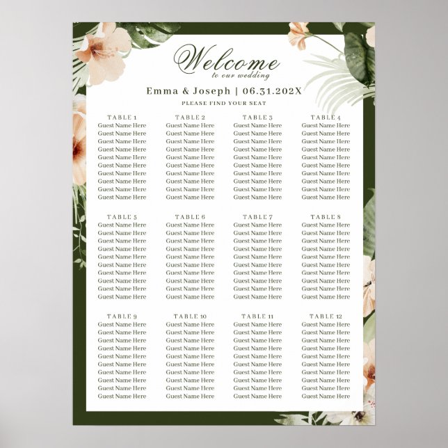 Tropical hibiscus boho pastel Bröllop Seating Poster (Framsidan)