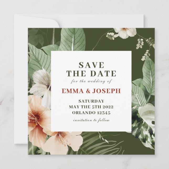 Tropical hibiscus boho pastel "Save the Date" Inbjudningar (Framsida)