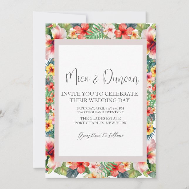 Tropical Hibiscus Bröllop Inbjudningar (Framsida)