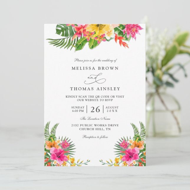 Tropical Hibiscus Floral Elegant QR Code Wedding Inbjudningar (Stående Fram)