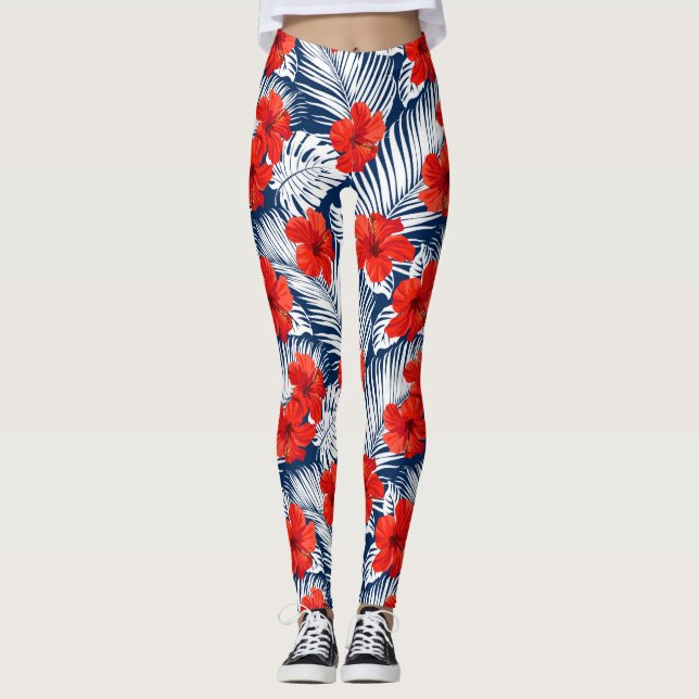 Tropical Hibiscus Flowers Ferns Rött vitt blått Leggings (Framsida)