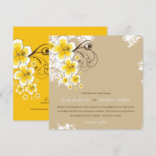 Tropical Hibiscus Gult Luau Beach Wedding Inbjudan (Fram/baksida)