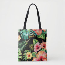 Tropical Hibiskus Blommig Svart Toteväska