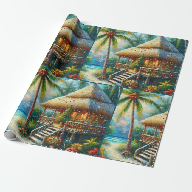 Tropical Hut Christmas Palm Tree Beach Decoupage Presentpapper (Utrullad)