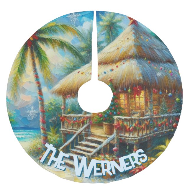 Tropical Hut Christmas Palm Tree Personalized Julgransmatta Borstad Polyester (Framsidan)