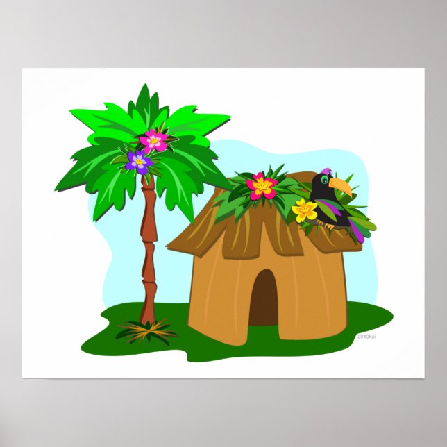 Tropical Hut, Handflatan Träd och Toucan Poster (Framsidan)