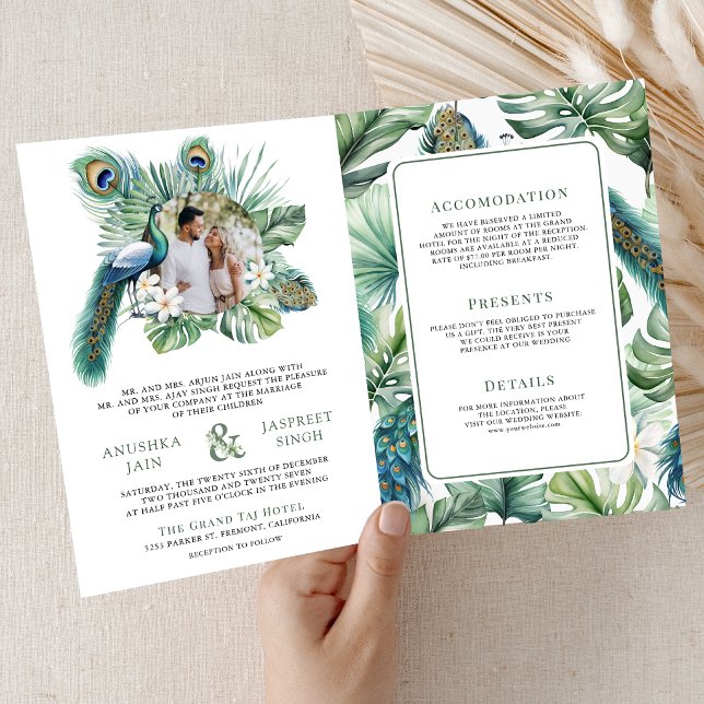 Tropical Indian Peacock Floral All in One Wedding Inbjudan (Skapare uppladdad)