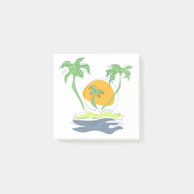 Tropical island beach scenery. Outline palm tree  Post-it Block (Framsida)