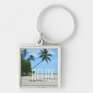 Tropical Island Beach "Slappna av" Keychain Fyrkantig Silverfärgad Nyckelring