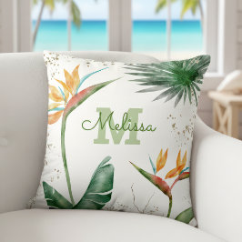 Tropical Island Blommigt Monogram Guld White Scrip Kudde