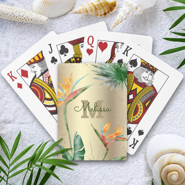 Tropical Island Blommigt Monogram Script Gold Foil Casinokort (Skapare uppladdad)