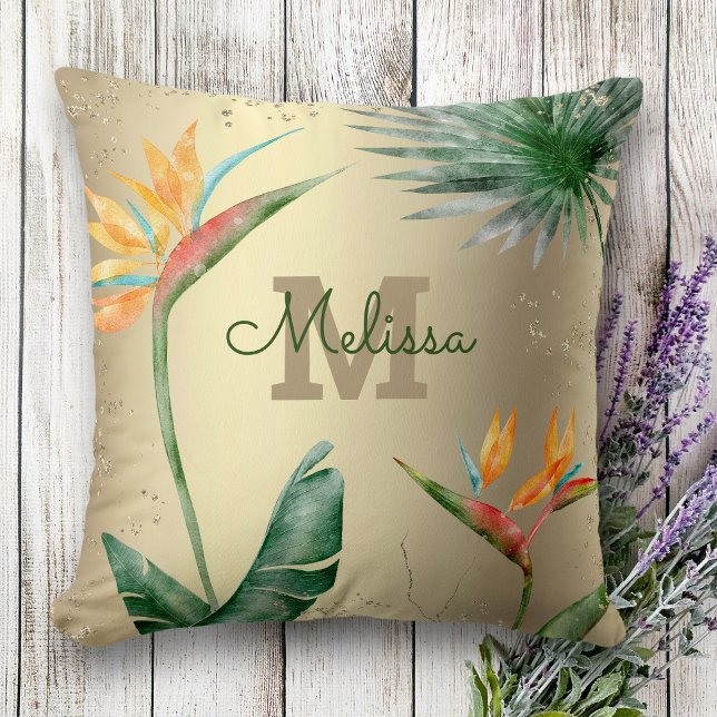 Tropical Island Blommigt Monogram Script Gold Foil Kudde (Skapare uppladdad)