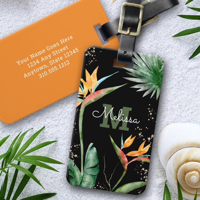 Tropical Island Blommigt Monogram Script Guld Blac Bagagebricka (Skapare uppladdad)