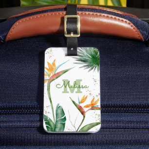 Tropical Island Blommigt Monogram Script Guld Whit Bagagebricka