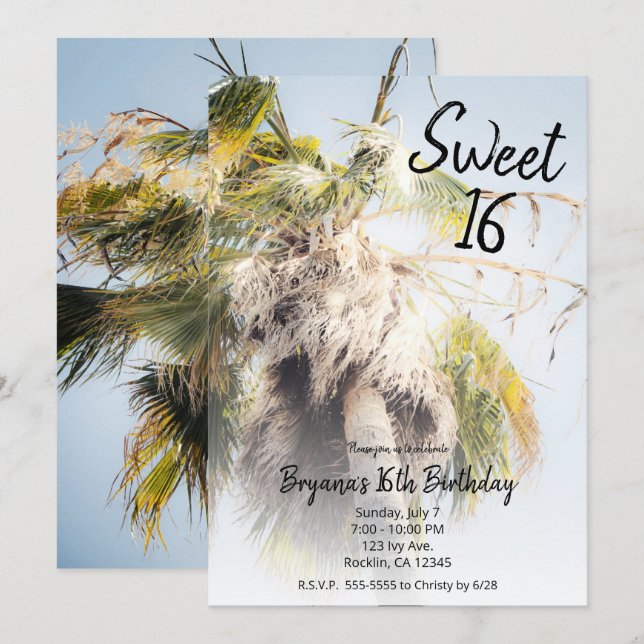 Tropical Island Handflatan Träd Sweet 16 Födelseda Inbjudningar (Fram/baksida)