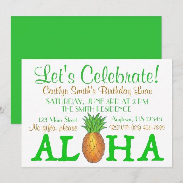 Tropical Island Luau Pineapple Hawaii Aloha Party Inbjudningar (Fram/baksida)
