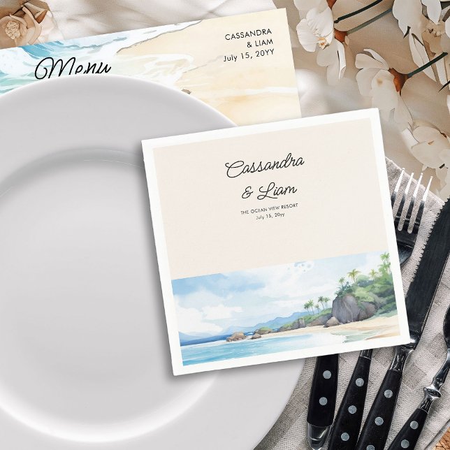 Tropical Island Ocean Beach Wedding Pappersservett (Rehearsal Dinner or Wedding Cocktail Napkins from Summer Beach Wedding Collection by Darling & May)