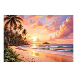 Tropical Island Paradise & Sunset Vibrant Rainbow Fototryck