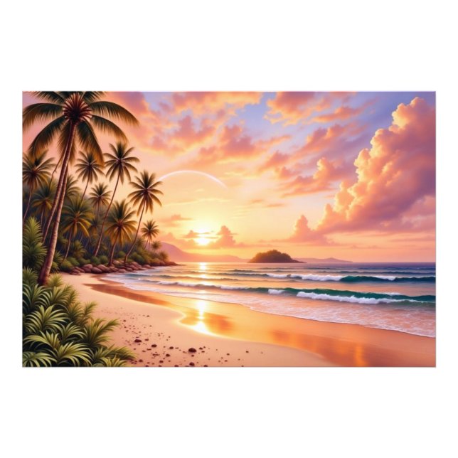 Tropical Island Paradise & Sunset Vibrant Rainbow Fototryck (Framsidan)