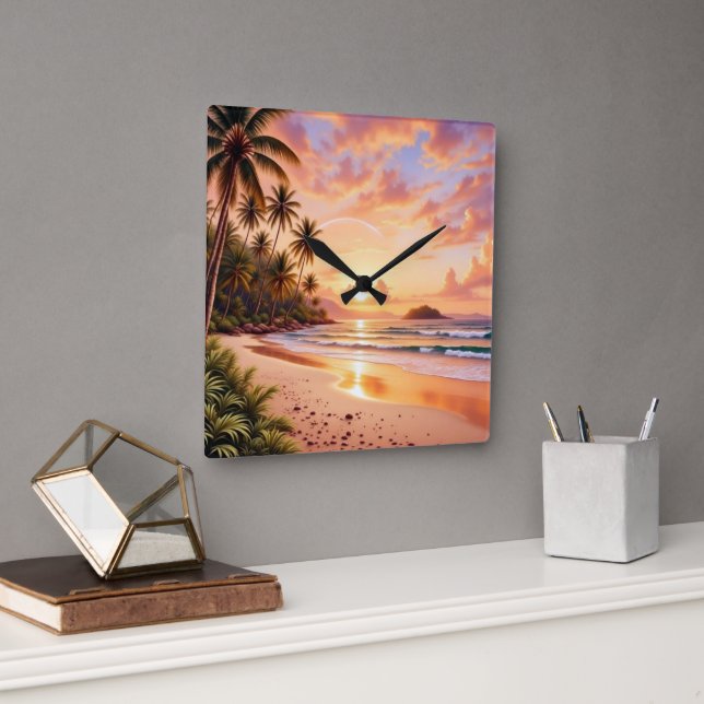 Tropical Island Paradise & Sunset Vibrant Rainbow Fyrkantig Klocka (Kontor)