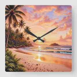 Tropical Island Paradise & Sunset Vibrant Rainbow Fyrkantig Klocka