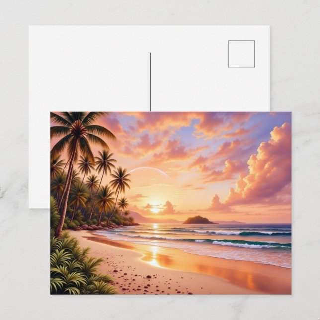 Tropical Island Paradise & Sunset Vibrant Rainbow Vykort (Fram/baksida)