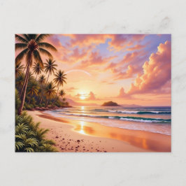 Tropical Island Paradise & Sunset Vibrant Rainbow Vykort