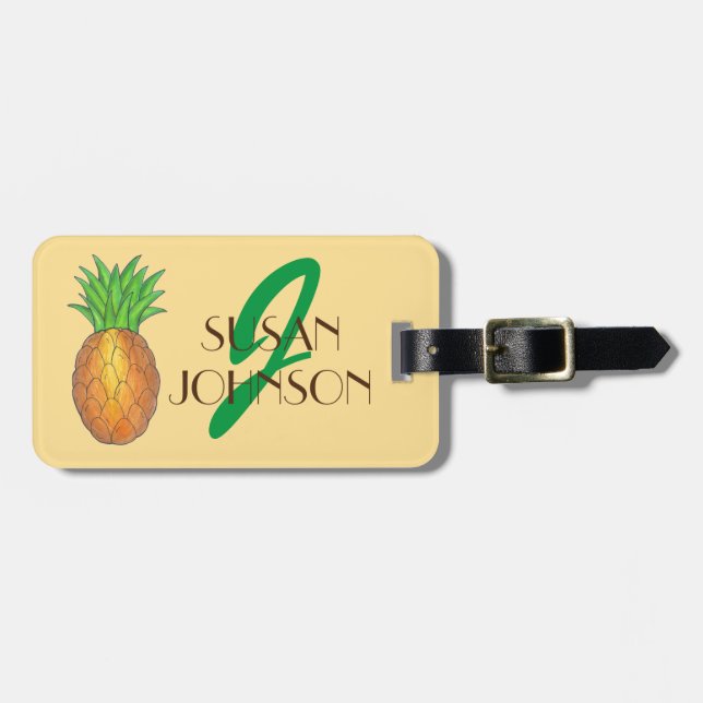 Tropical Island Pineapple Fruit Monogram Initial Bagagebricka (Horisontell Framsida)
