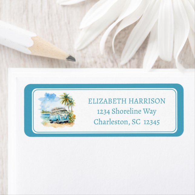 Tropical Island Retro Blue Bus  Returadress Etikett (Insitu)