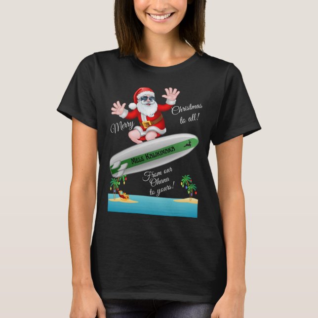 Tropical Island Sandy Beach Surfing Santa Christma T Shirt (Framsida)